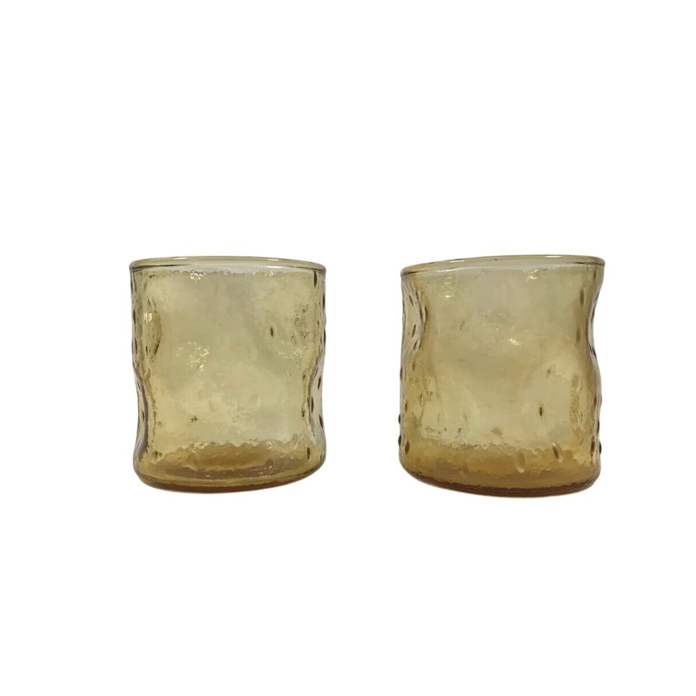 MCM Amber Blown Glass Dimpled Tumblers Textured Honey Low Ball or Juice Set of 2